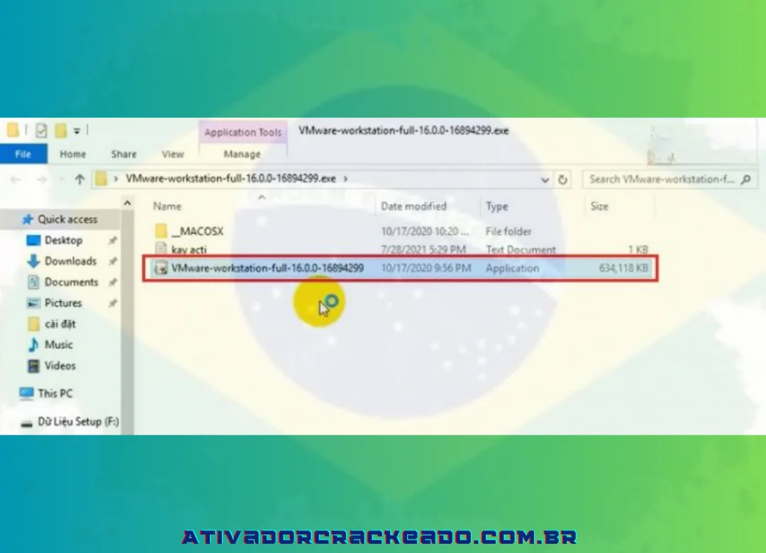 Para iniciar o arquivo “VMware-workstation-full-16.0.0-16894299”, clique duas vezes nele.