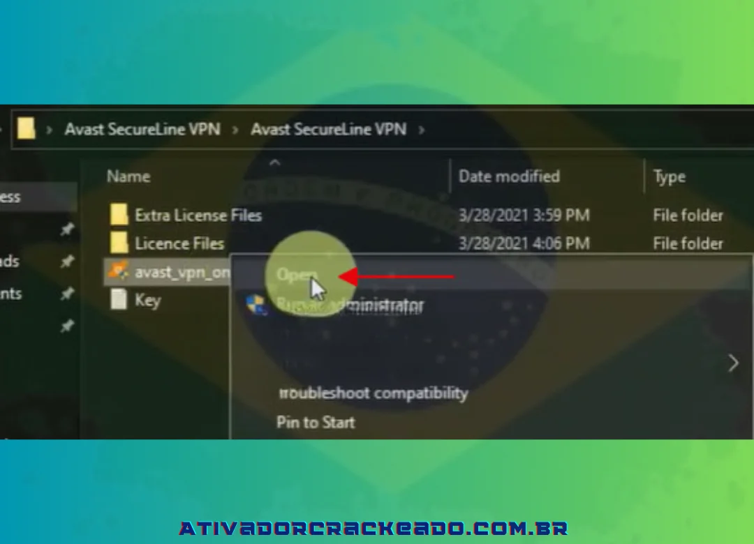 Para que o Avast SecureLine Online VPN seja lançado, clique com o botão direito do mouse e escolha Open.