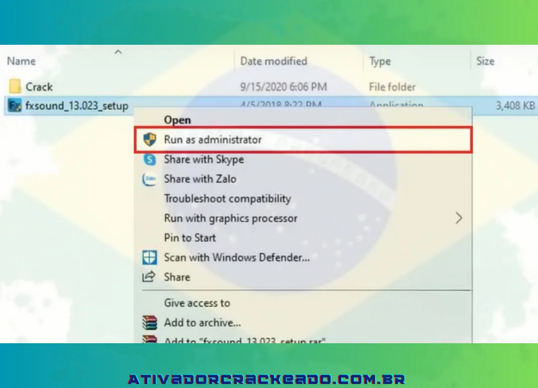 Usando o menu do botão direito, escolha fxsound_13.023_setup - Para executar como administrador, escolha