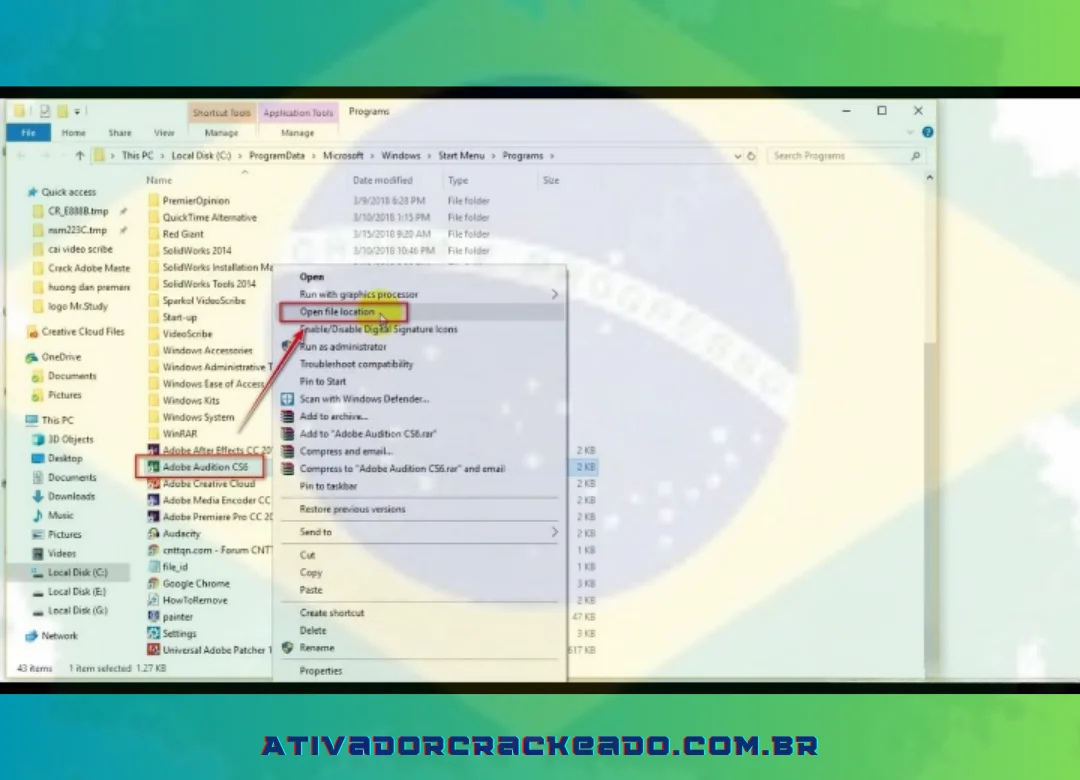 Vá para o software Adobe Audition CS6 = clique em “Abrir local do arquivo”