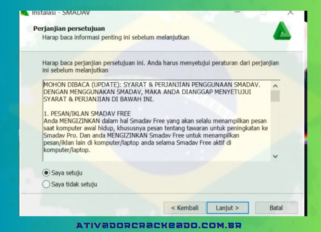 A seguir aparecerá o contrato de licença deste programa e você deverá selecionar “Concordo” e clicar em “Continuar”.