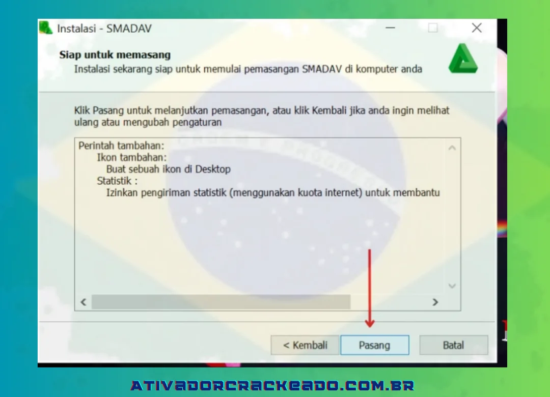 A seguir, o instalador informará que você está pronto para instalar o programa e mostrará as configurações