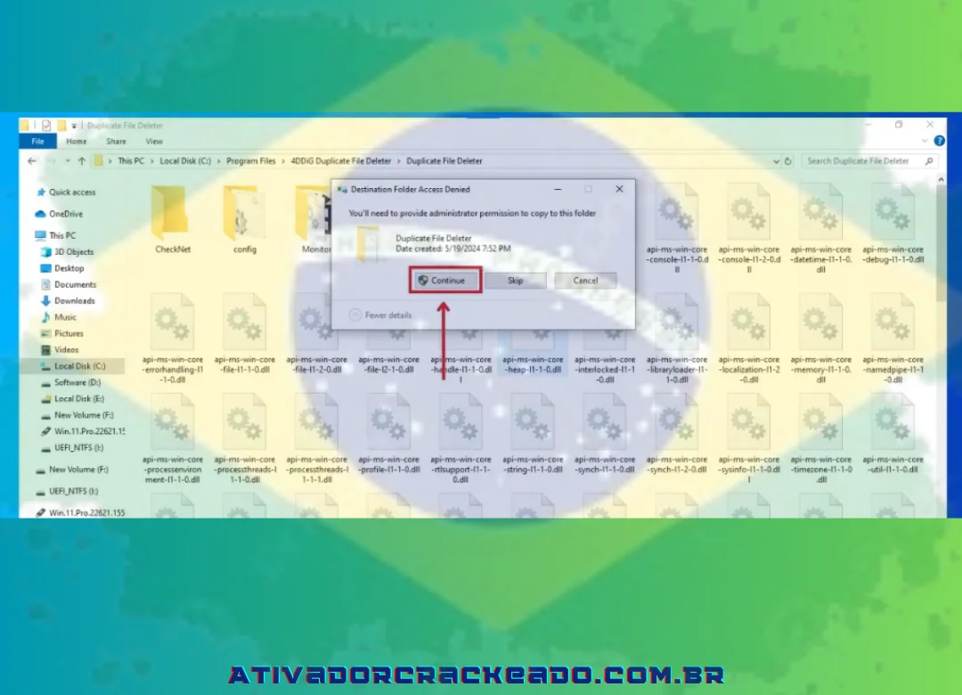 A seguir, você deve clicar em “Continuar” após colar os arquivos copiados na pasta de instalação.