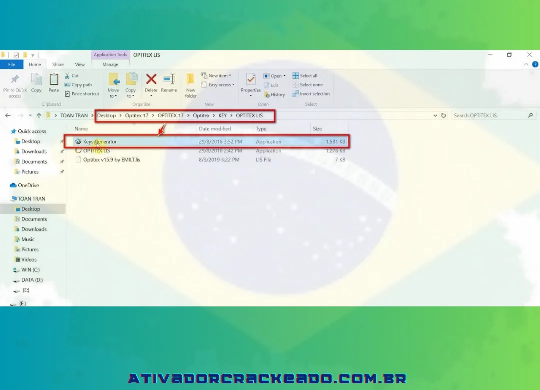 Abra a rota para Optitex LiS. = Inicie o arquivo Gerador de Chaves.