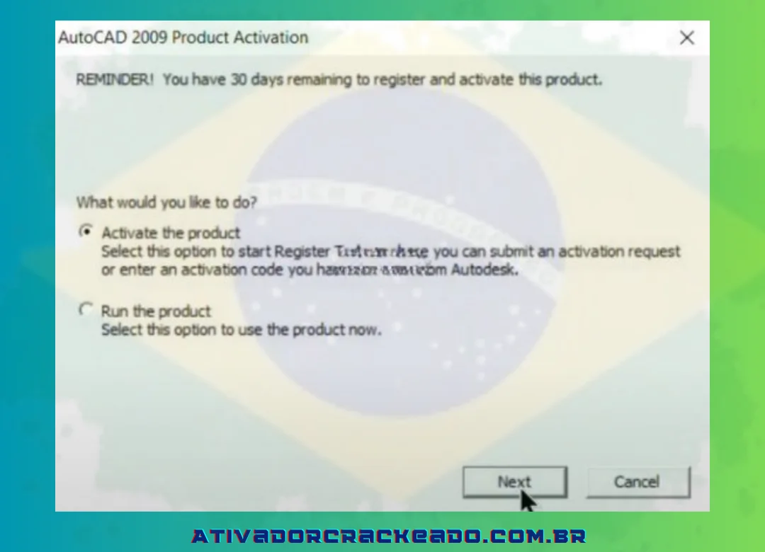 Abra o programa Autocad 2009 e clique em “Avançar” para ativar quando a interface aparecer como abaixo.