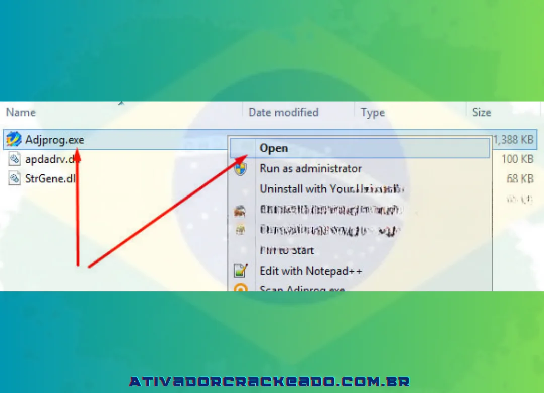 AdjProg.exe pode ser clicado com o botão direito e a opção Abrir