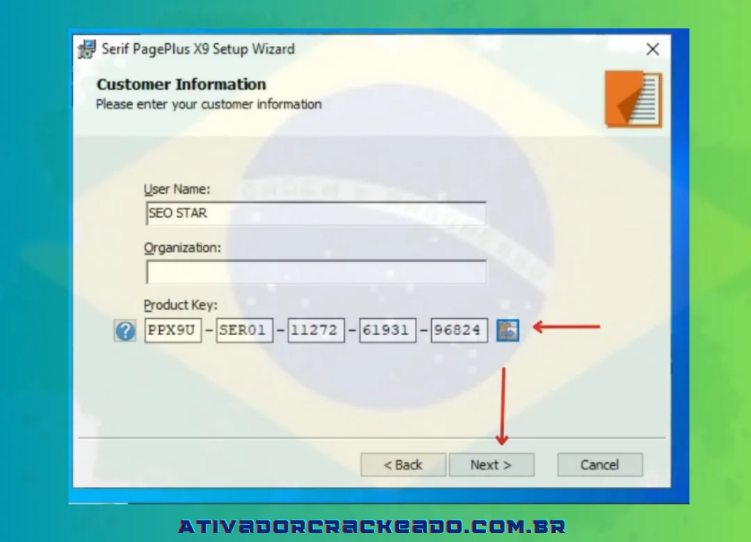 Agora, insira o nome de usuário e cole-o. Chave do produto Serif PagePlus X9 que copiamos anteriormente e continue clicando em 'Avançar'.