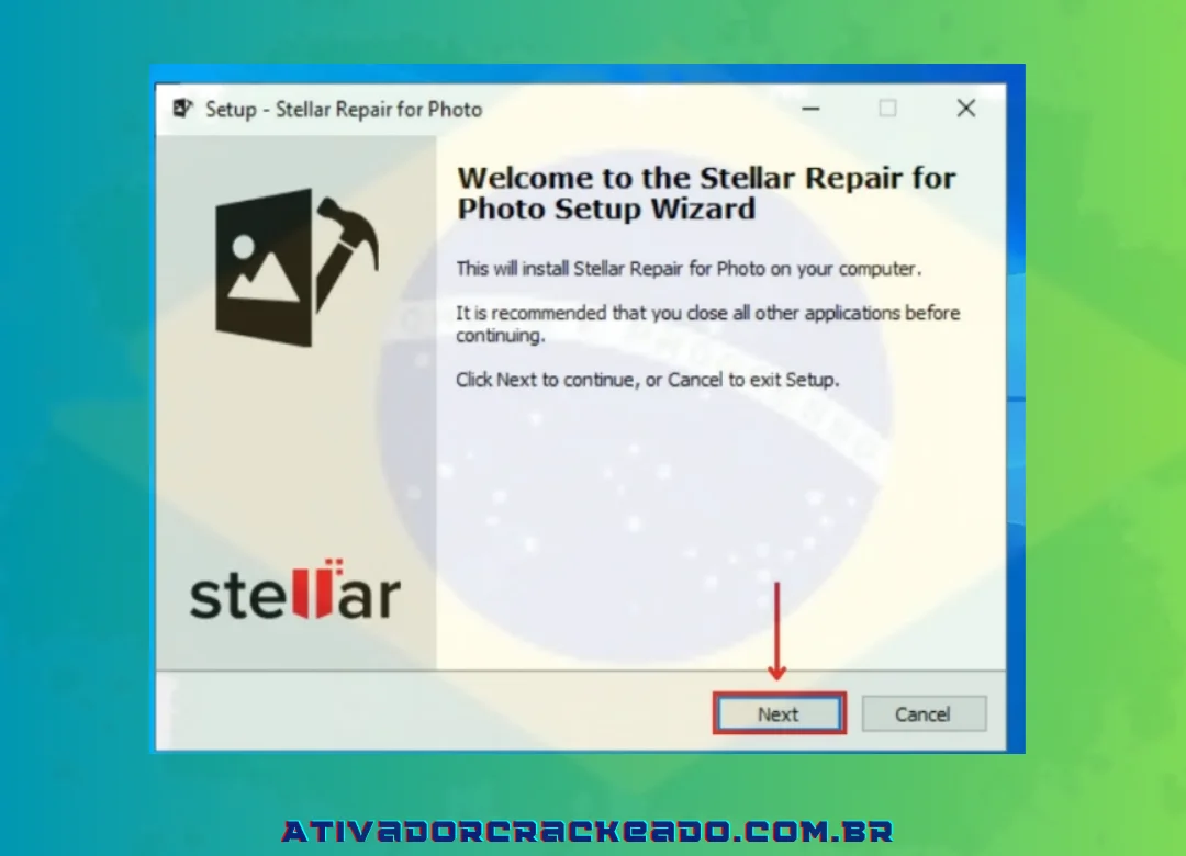 Agora, o Stellar Repair for Photo Setup Wizard será iniciado, portanto, clique em “Avançar” para continuar.