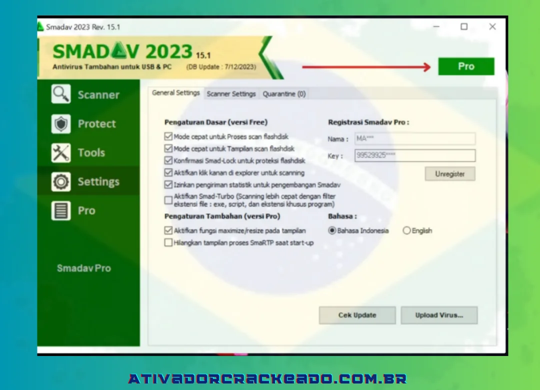 Agora você pode ver que ativou a versão completa do Smadav Pro e pode usar todos os seus recursos gratuitamente.