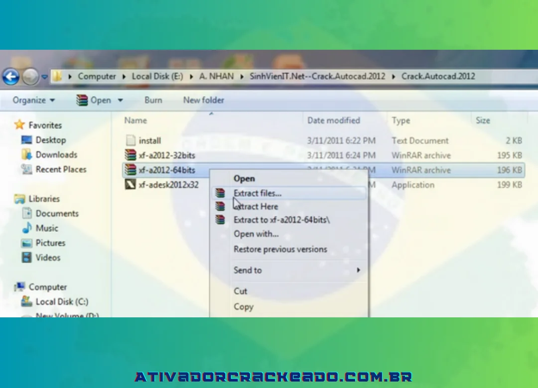 Após clicar com o botão direito do mouse no arquivo “xf-a2012-64bits”, escolha “Extrair arquivos”.