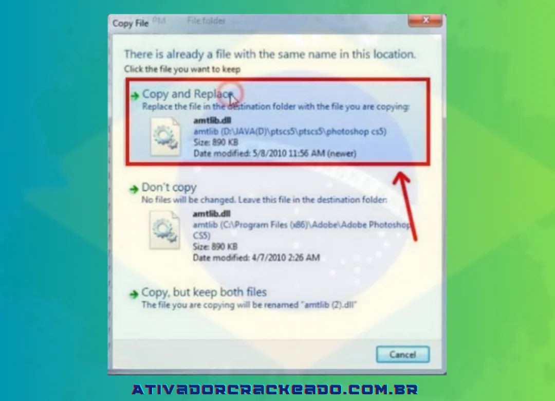 Após copiar o arquivo, escolha “Copiar e Substituir” e clique em “Continuar” para substituir o arquivo original.