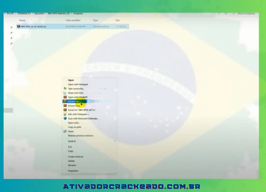 Após o download do programa, você pode descompactá-lo clicando com o botão esquerdo e escolhendo “Extrair arquivo”.