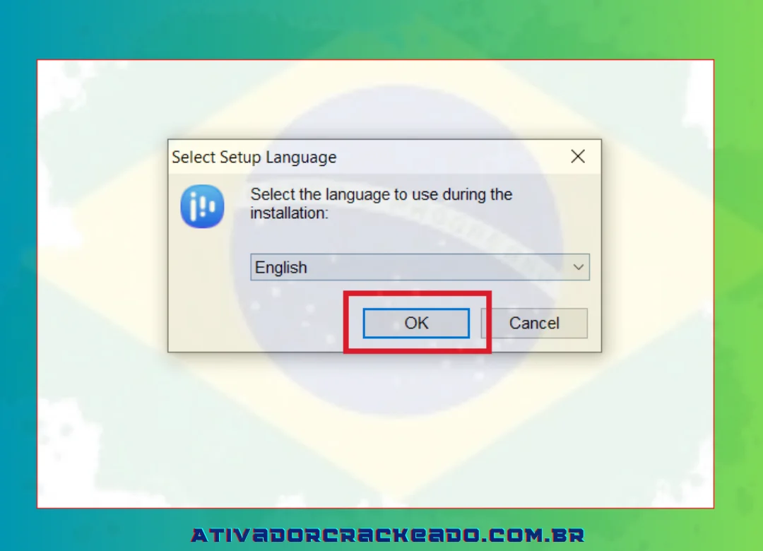 Após o download ser bem-sucedido, a página de instalação aparece. Clique em OK após o idioma ter sido escolhido.