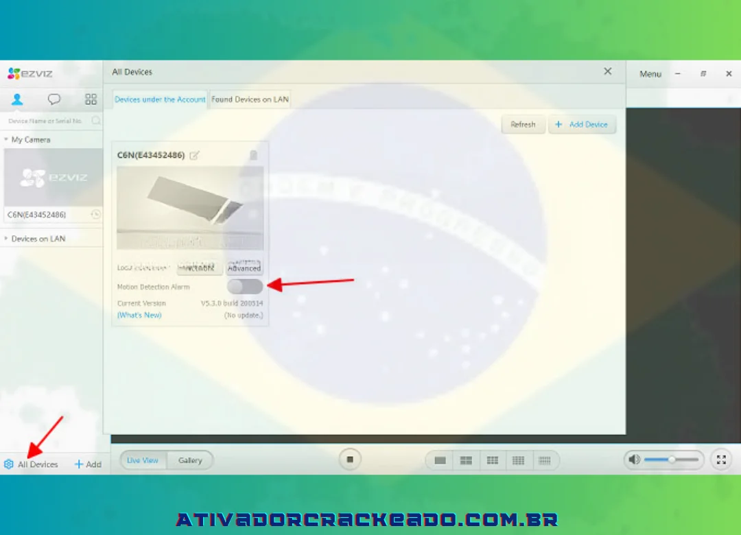 Ativar alarme Escolha Todos os Dispositivos ⇒ Alerta de Detecção de Movimento Ativar