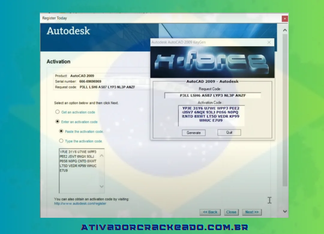 Cole o código de ativação copiado no Autocad 2009.