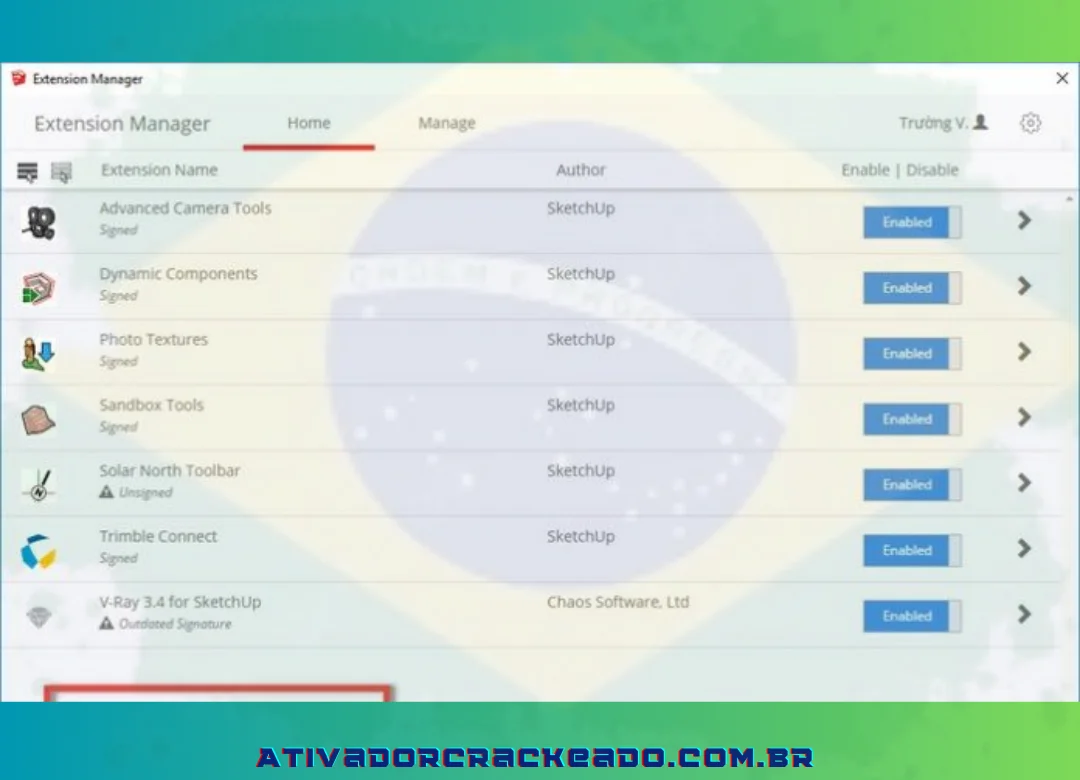 Conforme mostrado abaixo, a interface aparecerá no quadro. Clique em “Instalar extensão” para abrir o arquivo Rbz.