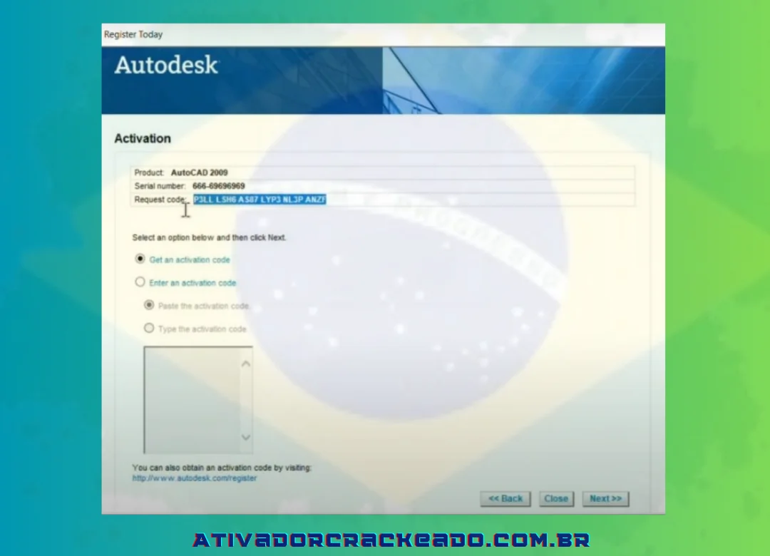 Copie o “Código de solicitação” do programa AutoCAD 2009.