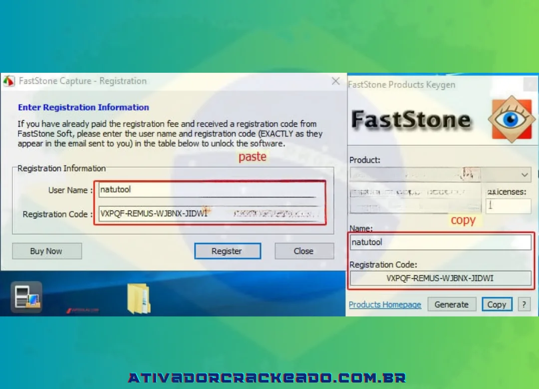 Copie o nome e a chave para FastStone Capture - Registro do FasStone Products Keygen