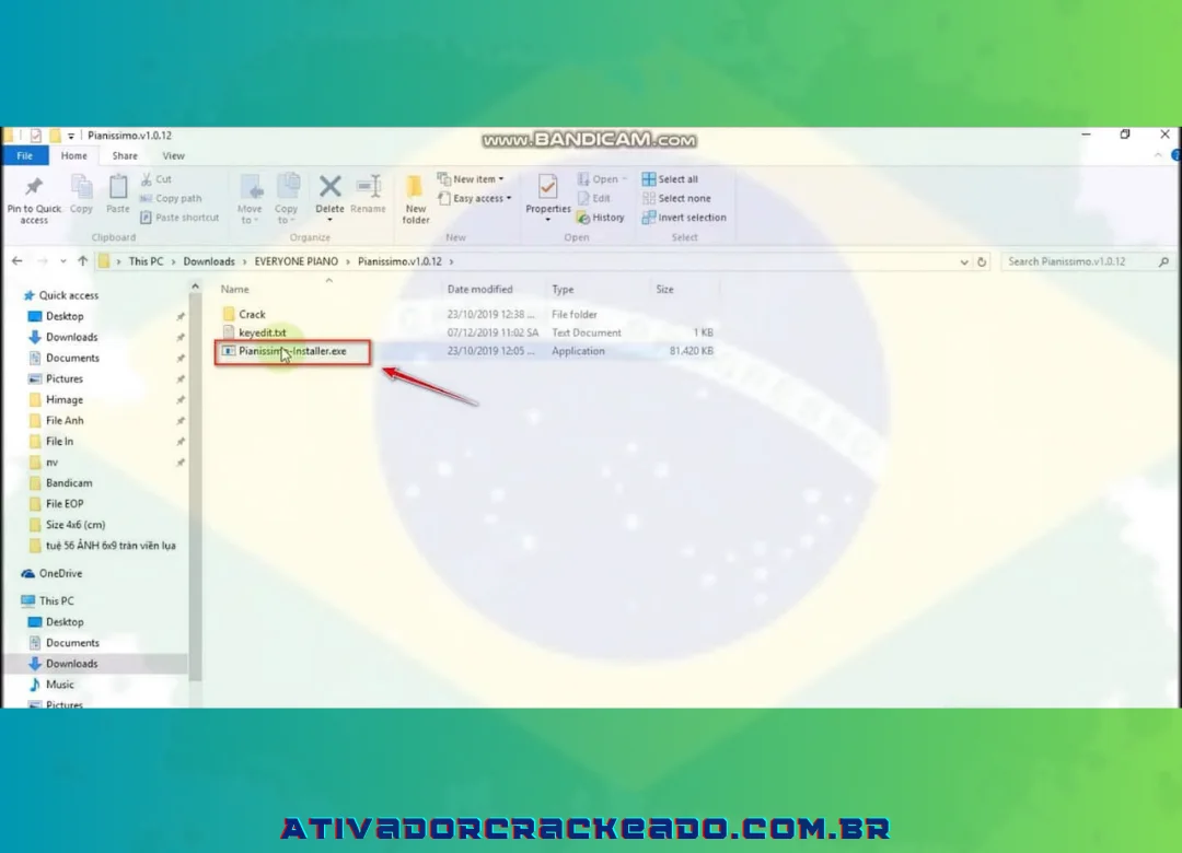 Dentro do arquivo extraído, escolha o arquivo “Pianissimo-Installer.exe”.