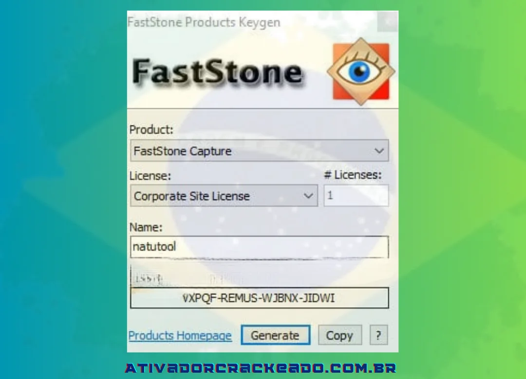 Depois de inserir seu nome em Nome, o programa produzirá um código de captura FastStone por conta própria.