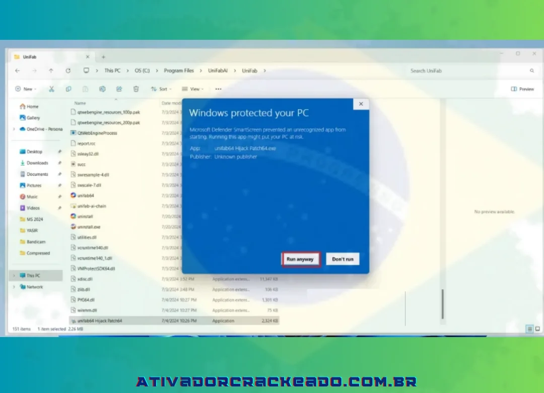 Depois disso, abra o arquivo chamado “unifab64 Hijack Patch64.exe” e clique em “Executar mesmo assim”.