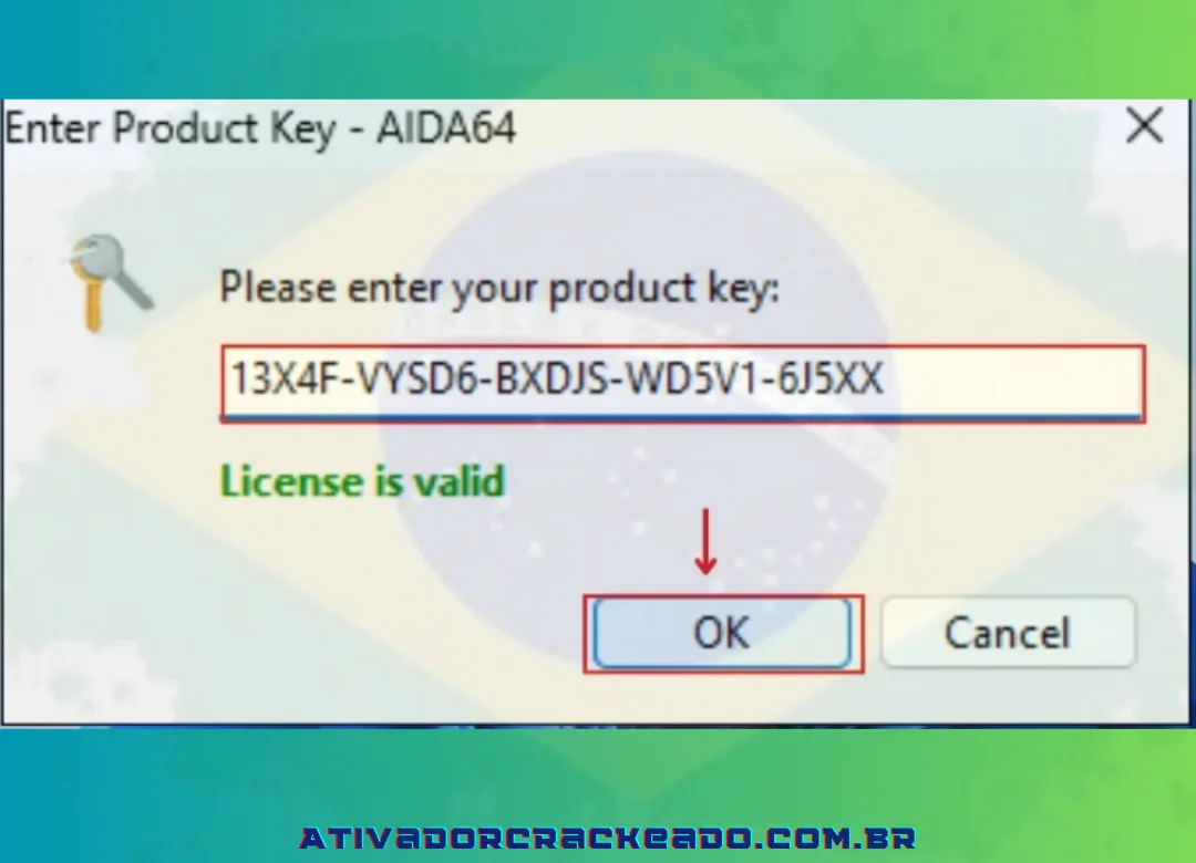 Depois disso, cole esta chave de produto. Então, clique em OK.