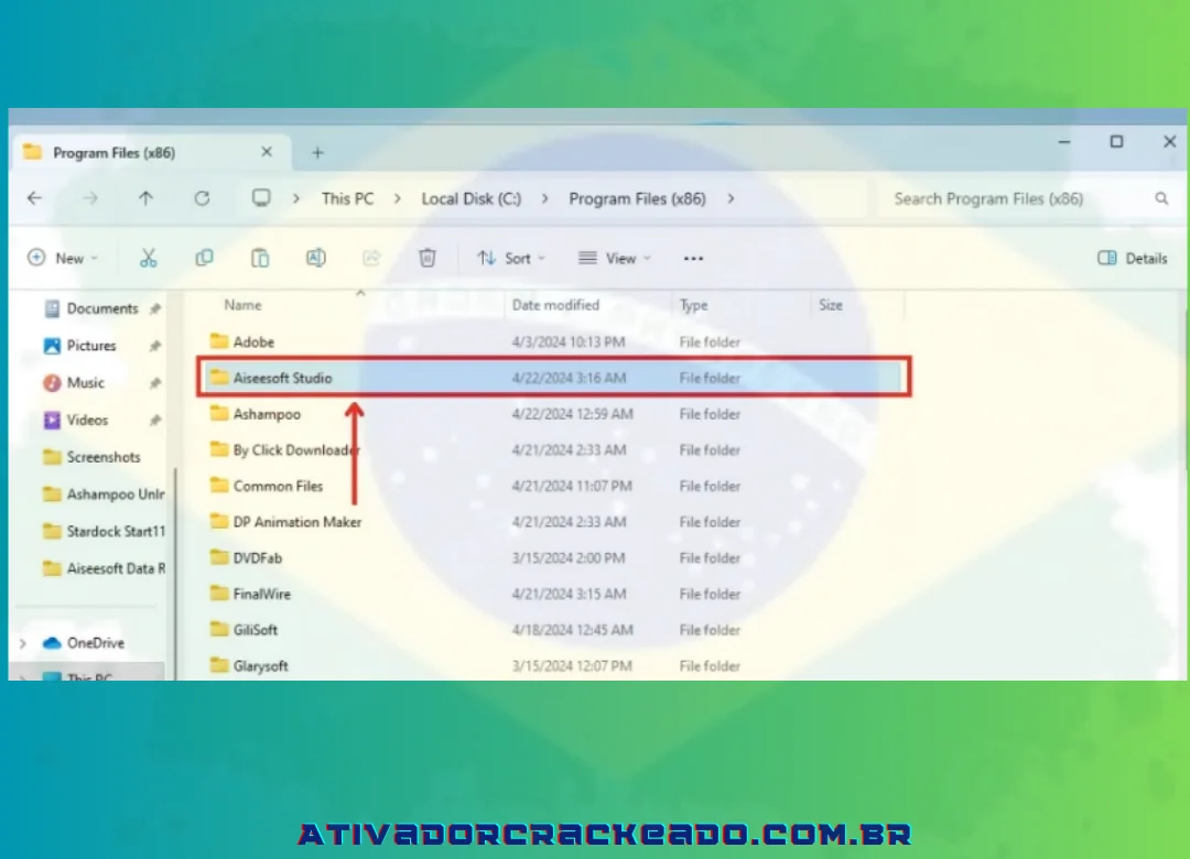 Em seguida, abra o arquivo do programa no disco local C. Depois disso, abra a pasta Aisesoft Studio. (1)