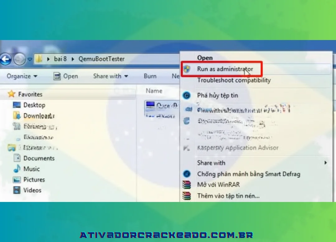 Escolha Executar como administrador ao clicar com o botão direito do mouse em QemuBootTester.