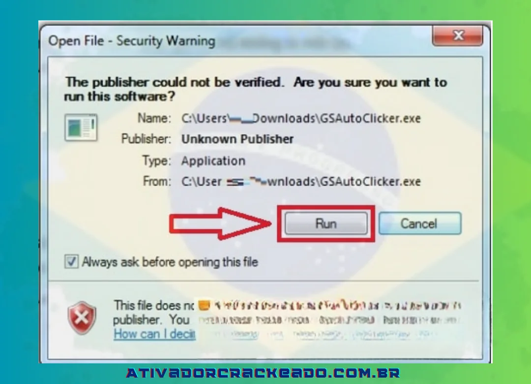 Escolha Executar depois de clicar no arquivo GSAutoClicker.exe