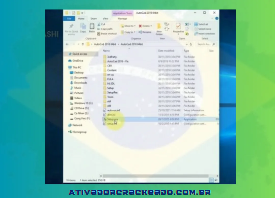 Execute o arquivo de configuração abrindo a pasta “Setup.exe” dentro do arquivo Autocad 2016.