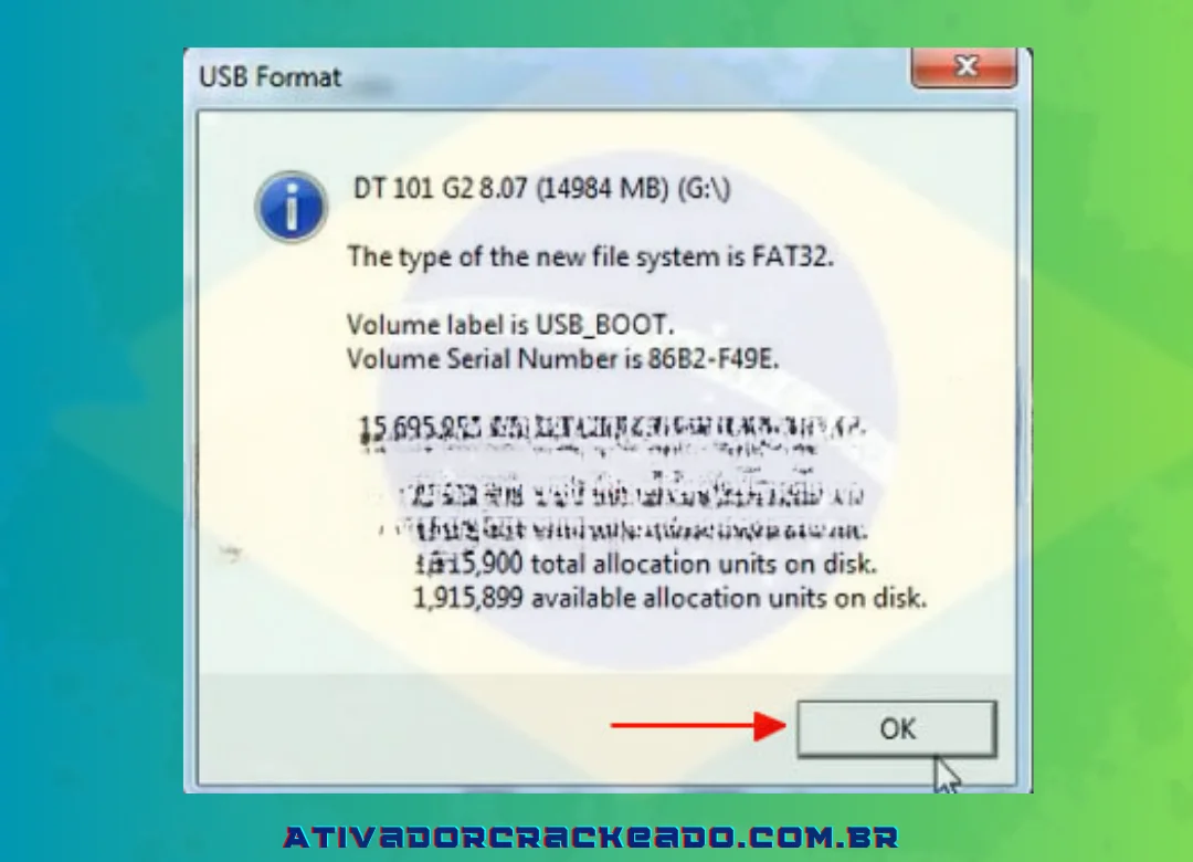 Formatação USB bem-sucedida, pressione OK