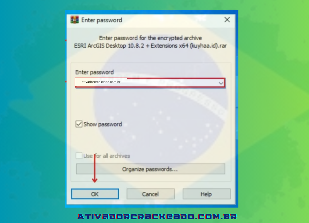 Na primeira etapa, execute o arquivo zip baixado. Em seguida, clique na senha “ativadorcrackeado.com.br”.