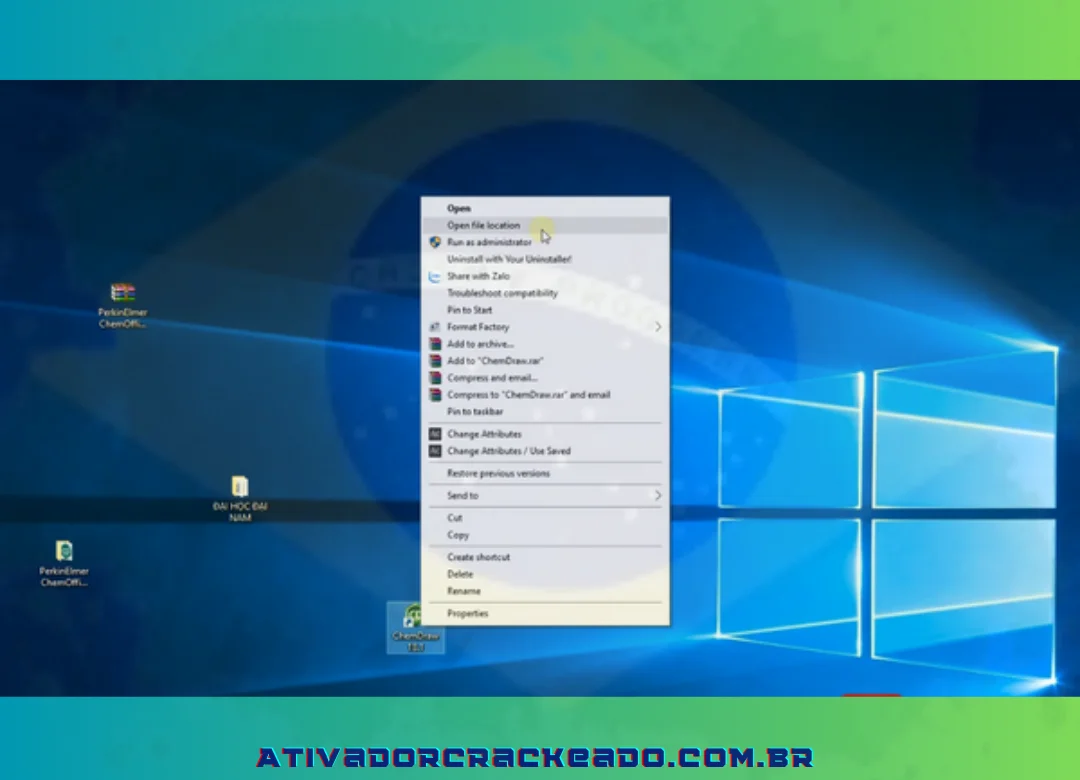 Na tela principal, clique com o botão direito no programa “ChemDaraw 18.1” e escolha “Abrir local do arquivo”.
