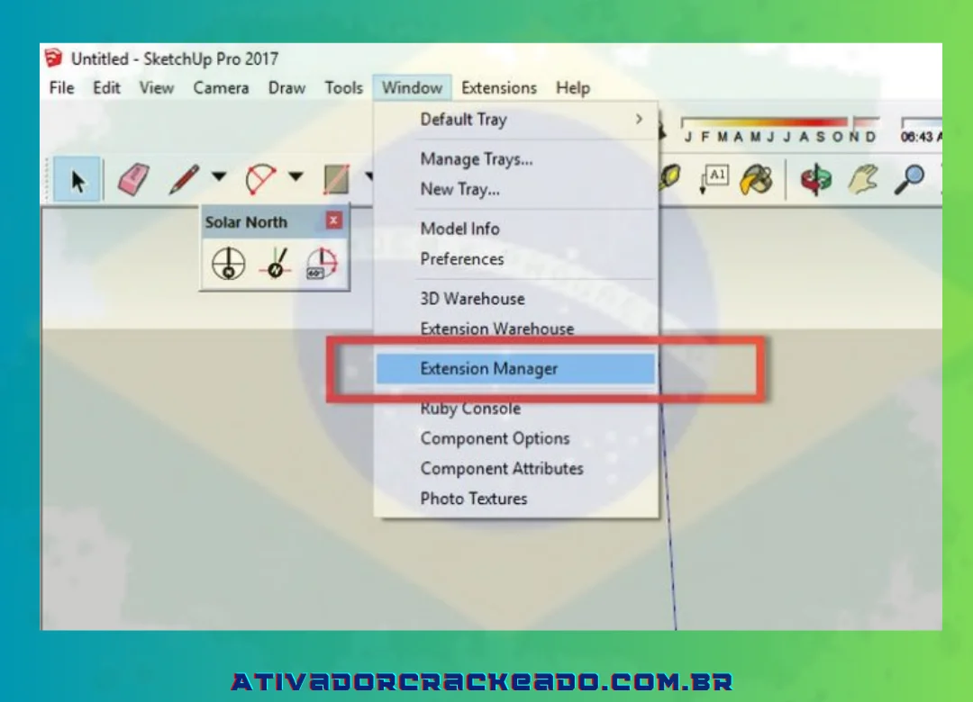 No Sketchup, vá em “janelas” e escolha “Gerenciador de extensões”.
