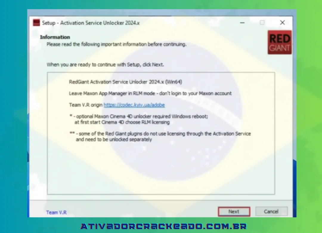 O Red Giant Universe Activation Service Unlocker será iniciado. Basta clicar em Avançar.