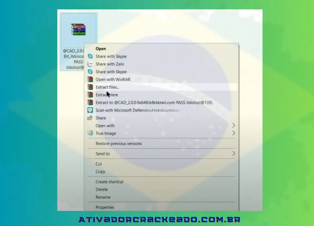 O programa Autocad 2009 pode ser descompactado clicando com o botão direito no arquivo e escolhendo “Extrair arquivo”.