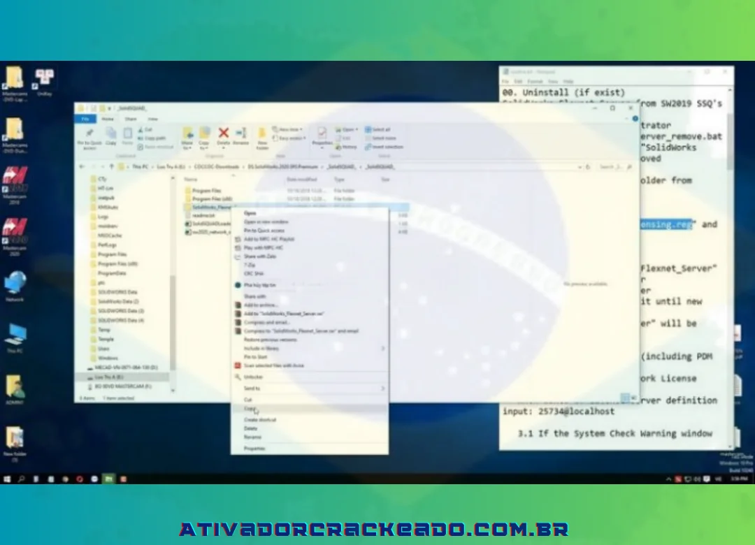 O terceiro arquivo, SolidWorks_Flexne.., deve ser copiado. Em seguida, abra “Drive C” e insira o arquivo.