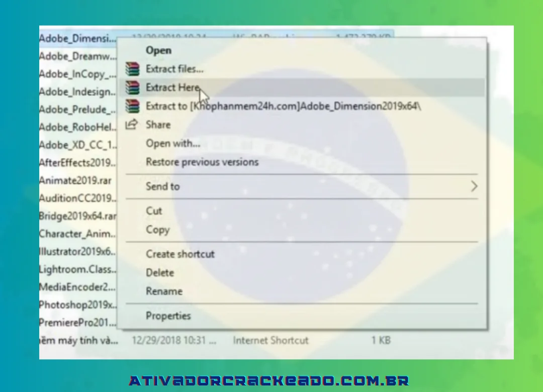 Para descompactar o arquivo de instalação, clique com o botão direito do mouse no arquivo que foi baixado e escolha Extrair aqui.