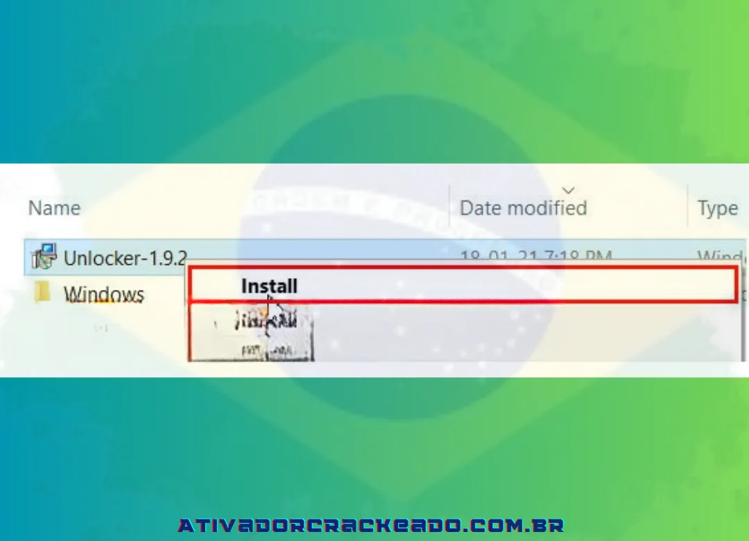 Para instalar o Unlocker-1.9.2, clique com o botão direito nele e escolha Instalar.