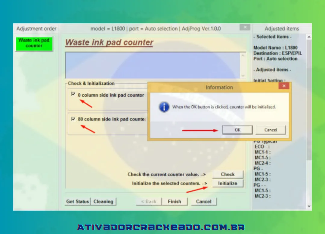 Para redefinir o estouro de memória da impressora Epson L1800, clique em Inicialização e escolha OK.