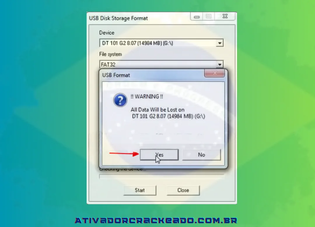 Para validar a reformatação USB, clique em Sim.