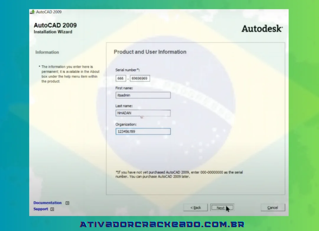 Preencha todos os campos fornecidos, incluindo o número de série do aforce keygen e do autocad 2009 e clique em “Avançar” para continuar.