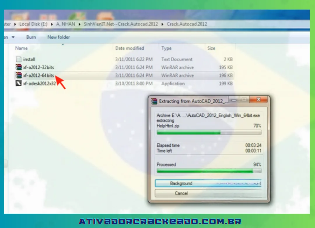 Prossiga com a escolha do arquivo Crackado.Autocad.2012 - Após clicar no arquivo xf-a2012-64bits, aguarde alguns segundos para a aplicação ser executada.