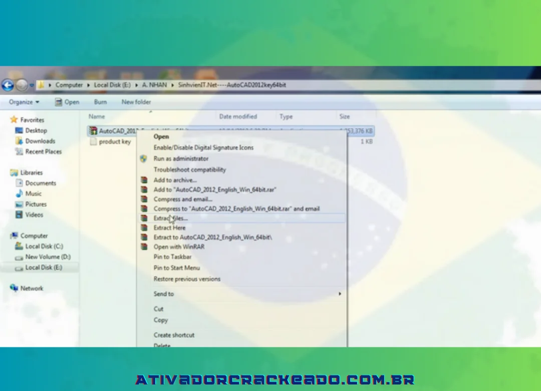 Selecione AutoCAD_2012_English_Win_64bit com o botão direito do mouse. - Escolha Extrair arquivos... - Tudo bem