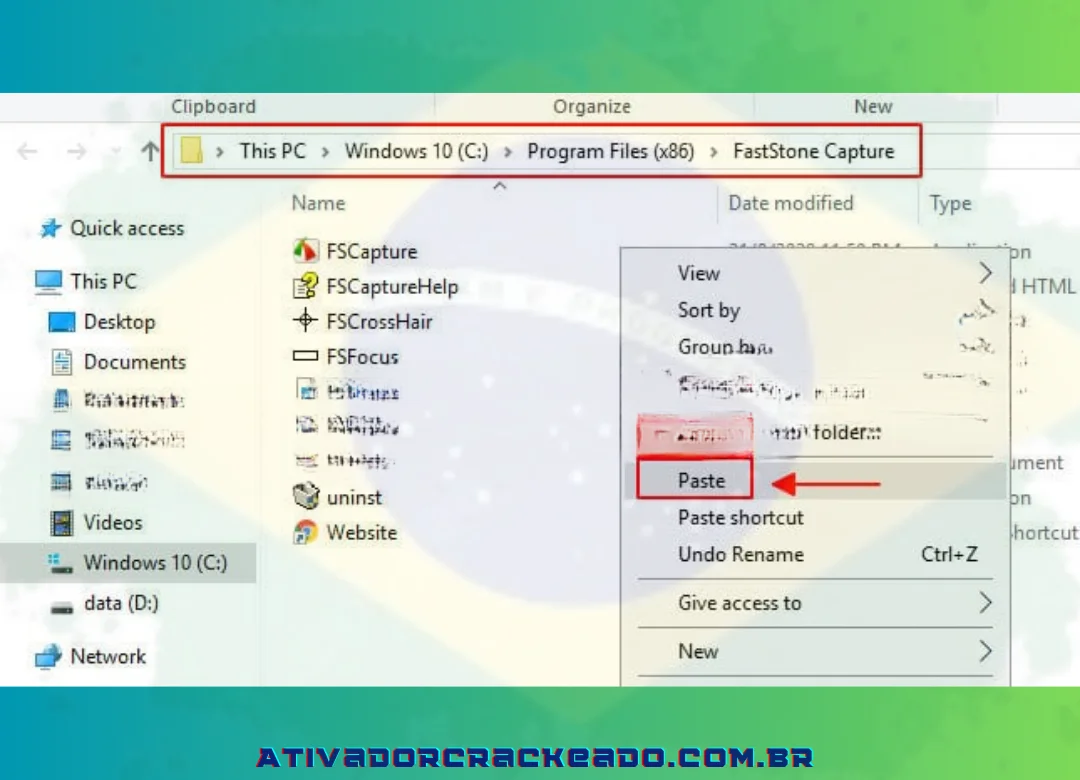 Selecione Colar para colar na pasta de instalação do FastStone Capture
