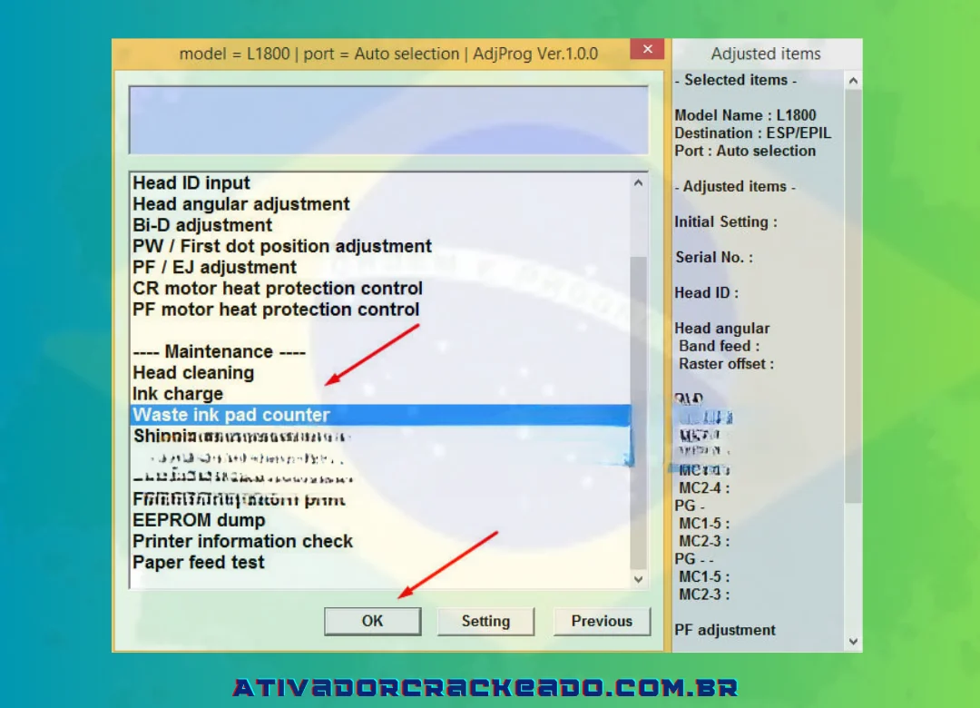 Selecione Contador de almofada de tinta residual e pressione OK