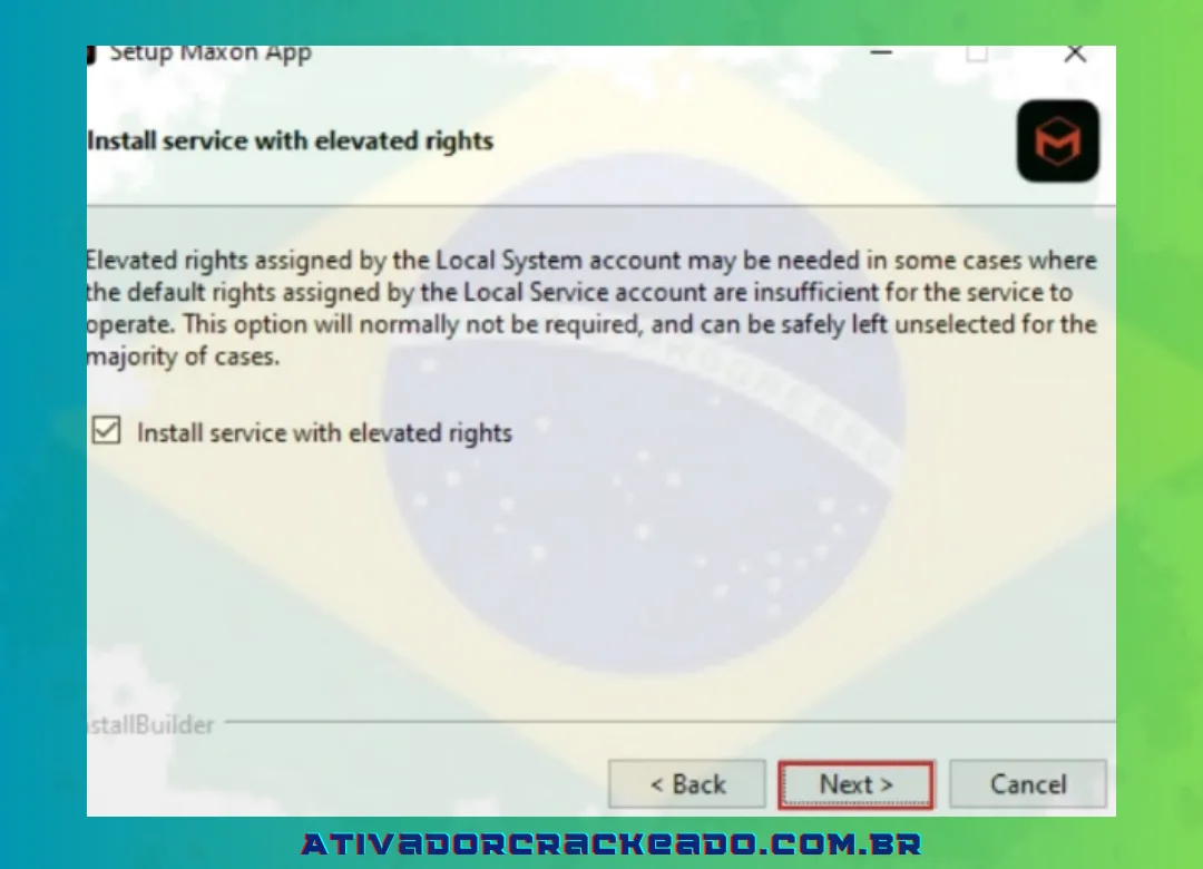 Selecione a opção “Instalar serviços com direitos elevados” e clique em “Avançar”.