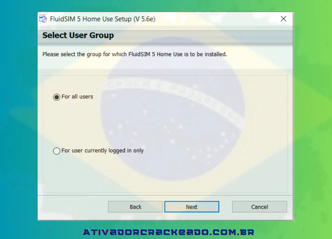 Selecione se o FluidSIM deve ser instalado para todos os usuários ou apenas para aquele que está conectado no momento.