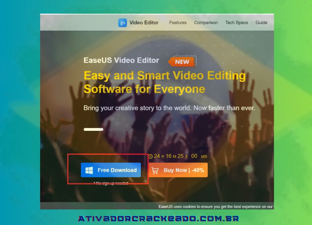 Visite o editor de vídeo no EaseUS. Depois disso, escolha a opção Download grátis na homepage.