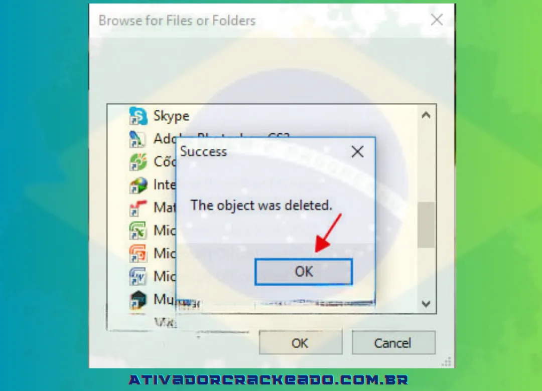notificação de que o arquivo foi apagado com sucesso com a ajuda do programa de desbloqueio
